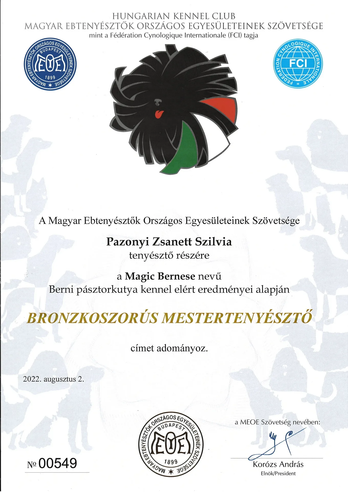 Bronzkoszorús Mestertenyésztői oklevél