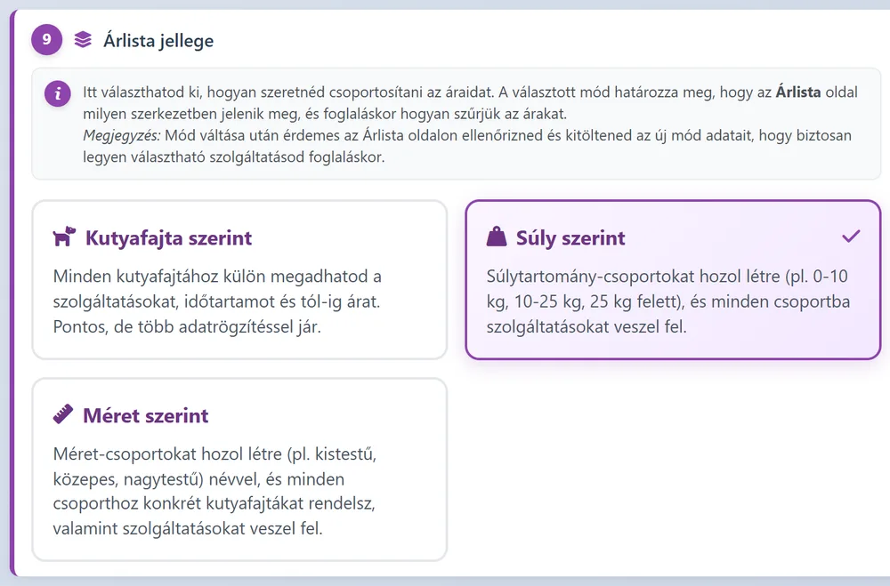 Árlista jellegének választása: fajta, súly vagy méret szerint
