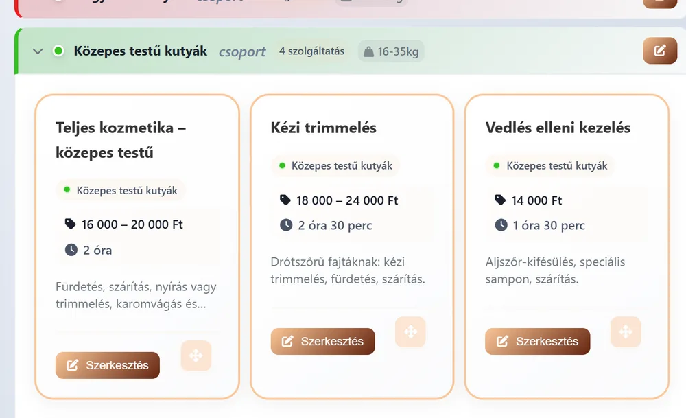 Szolgáltatáskártyák színes csoportokban