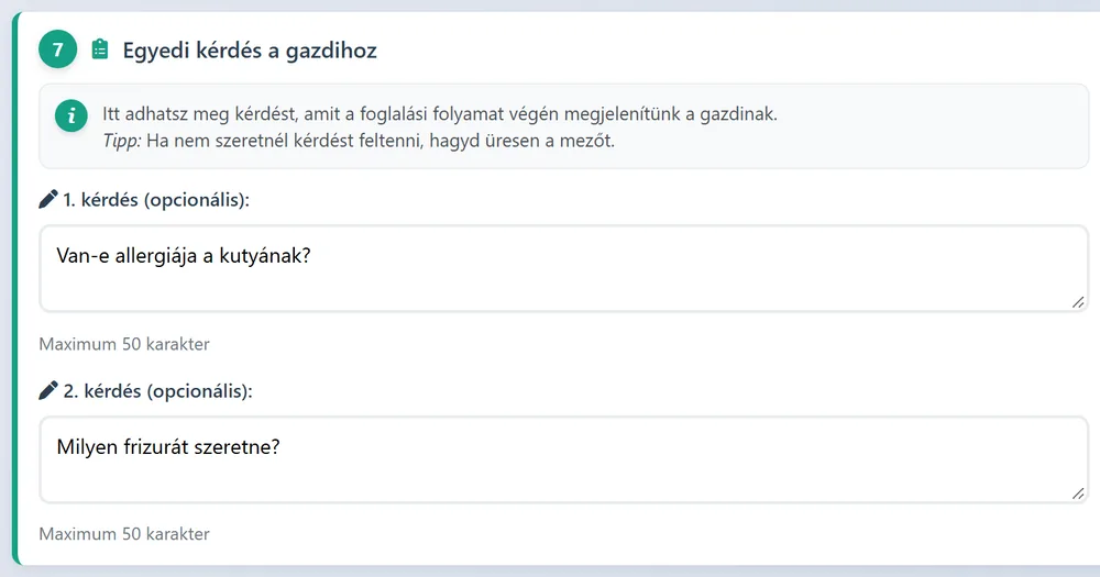 Két egyedi kérdés a gazdinak foglaláskor
