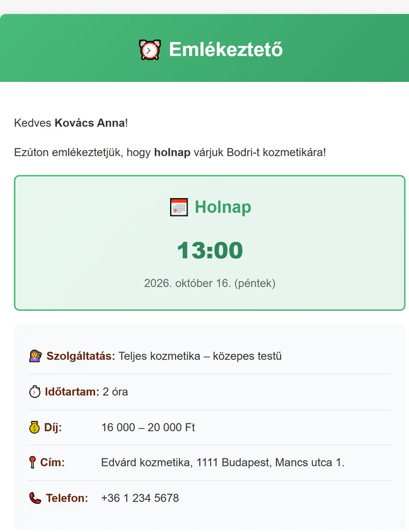 Foglalási emlékeztető e-mail a gazdinak