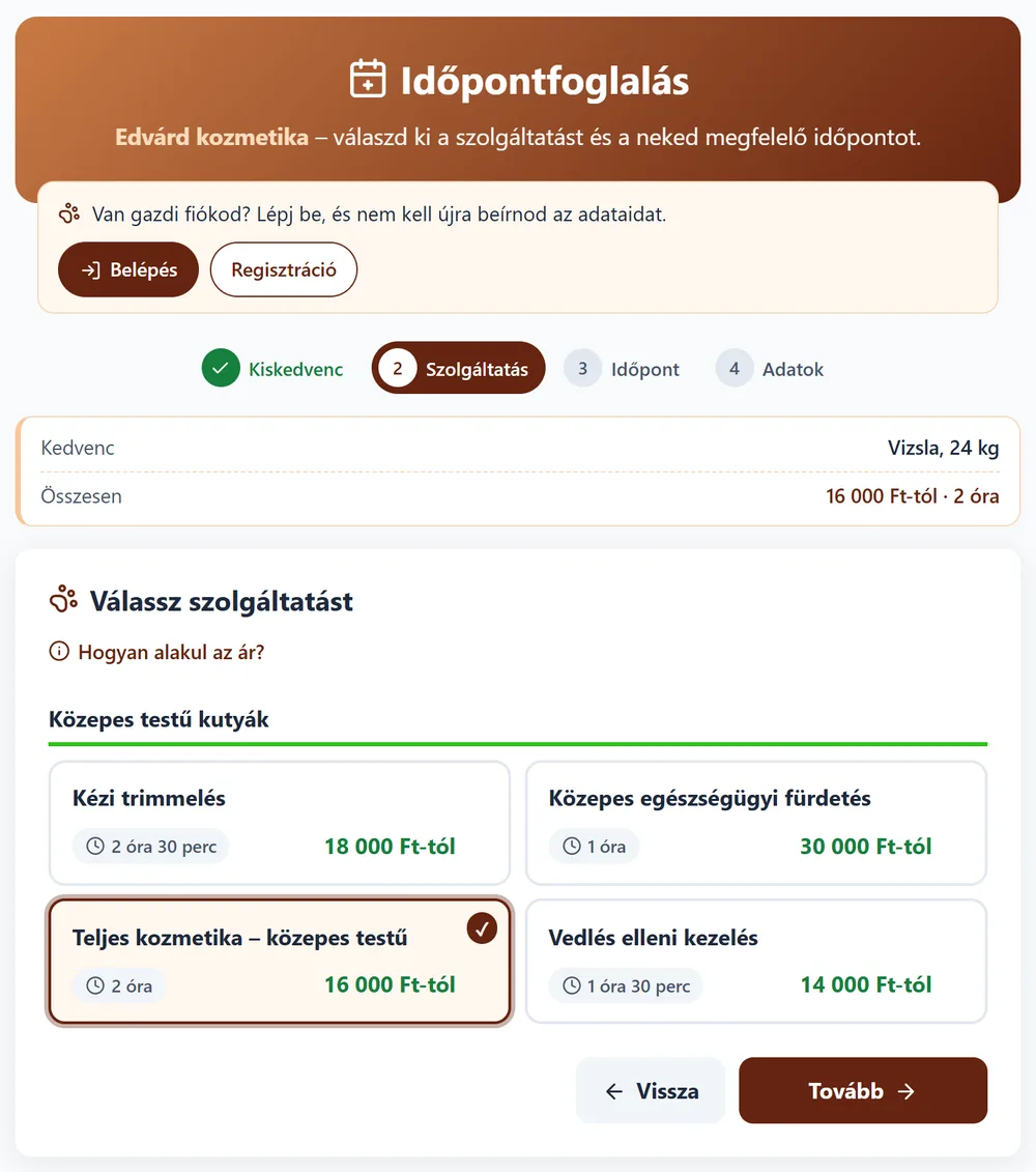 A gazdik online foglalási oldala: szolgáltatás kiválasztása