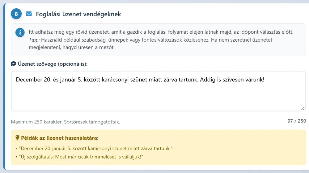 Foglaláskor megjelenő üzenet a gazdiknak