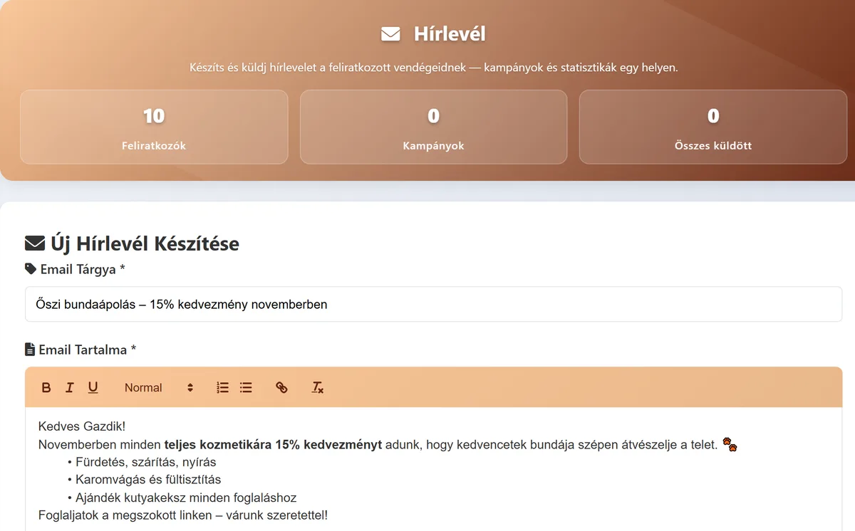 Hírlevél szerkesztése a vendégkörnek