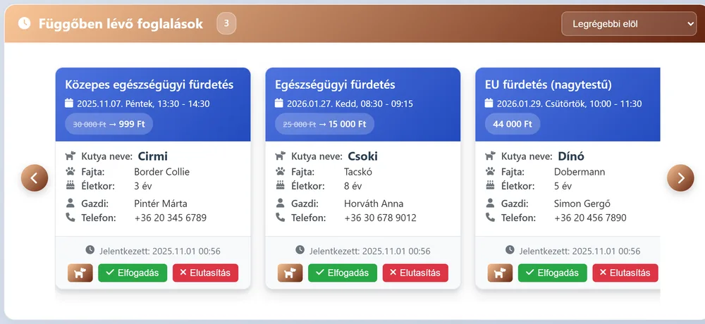 Jóváhagyásra váró foglalások kártyás nézetben