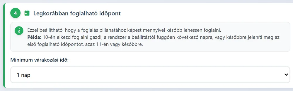 Legkorábban foglalható időpont beállítása