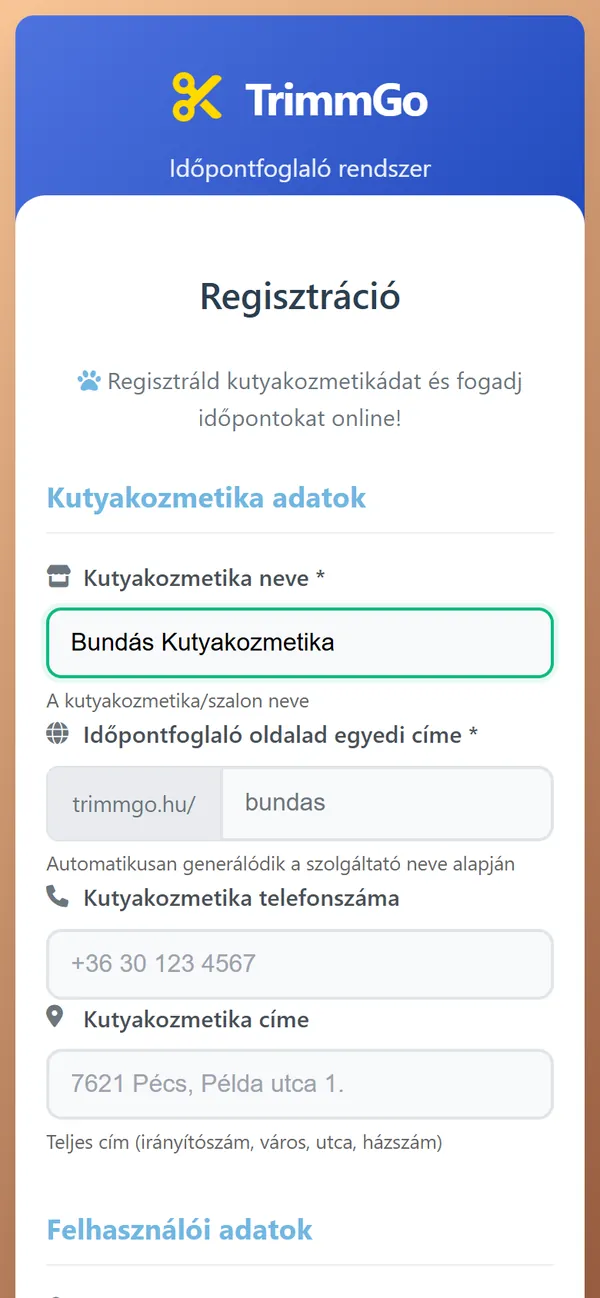 A TrimmGo regisztrációs űrlapja telefonon