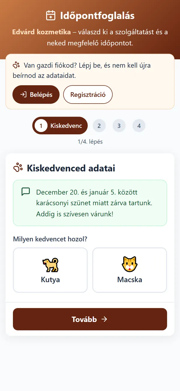 A gazdik foglalási oldala telefonon